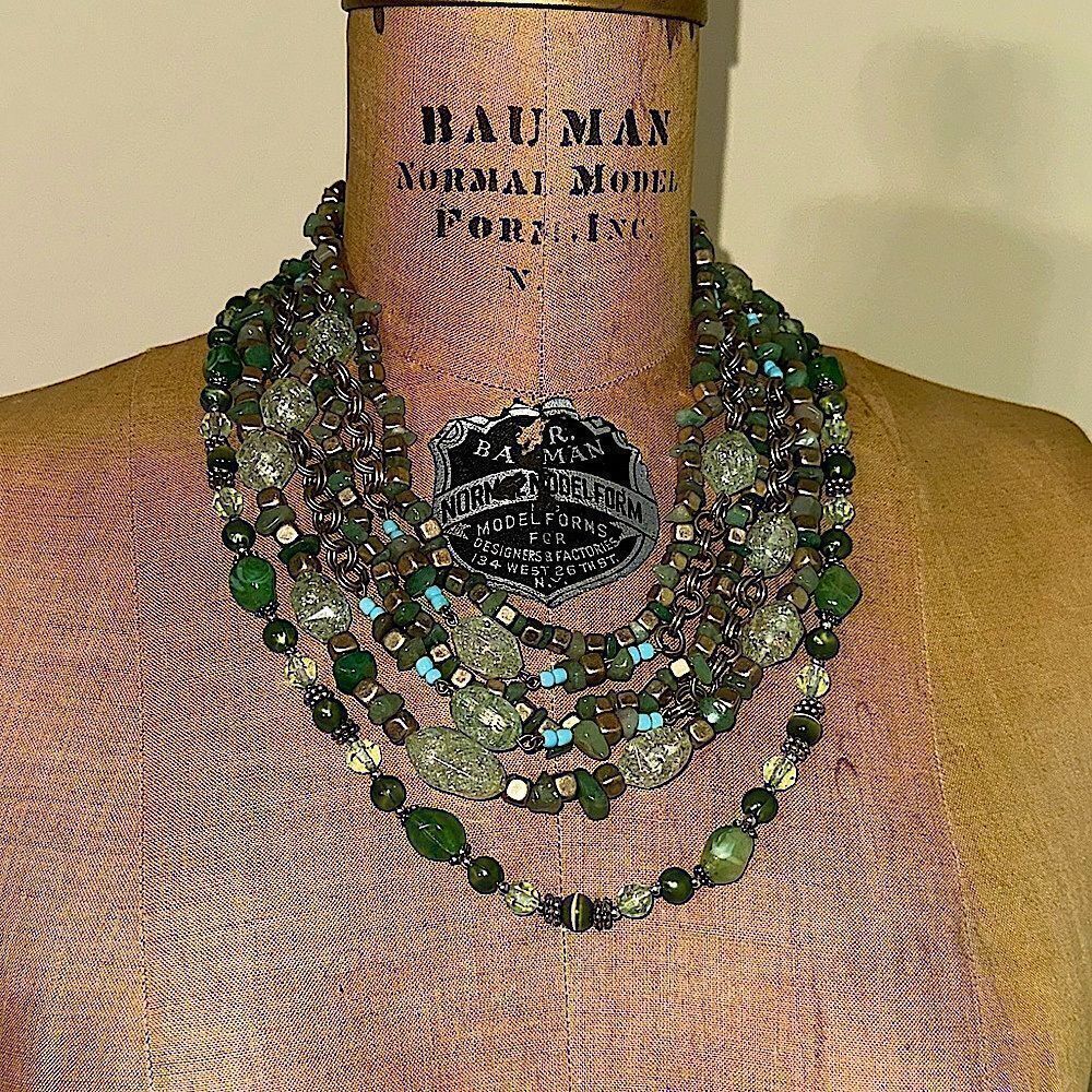 Jones New York Elegant Multi-Strand Green Bead and silver tone Necklace